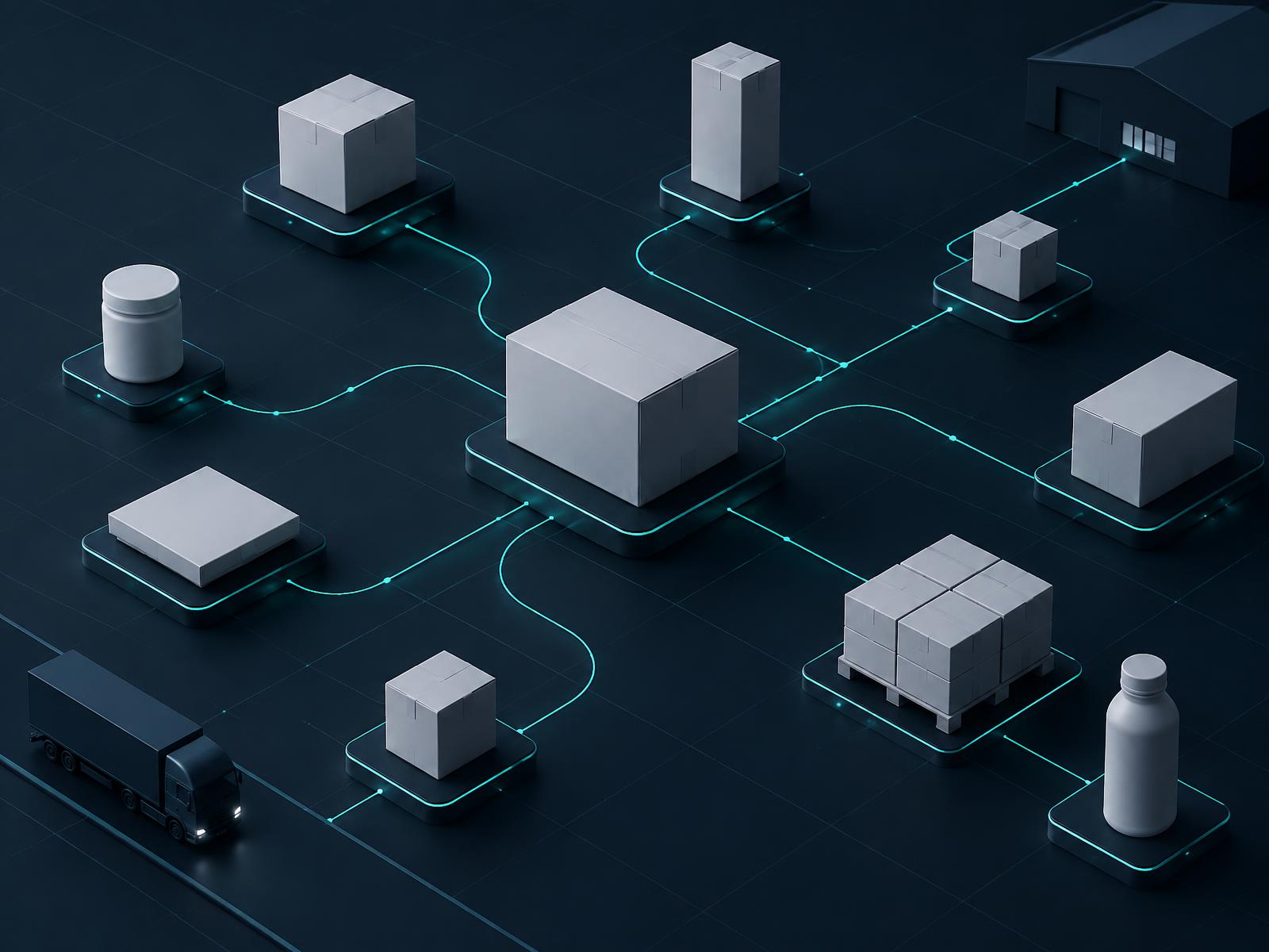 Abstract visualization of consumer products moving through a marketplace distribution network